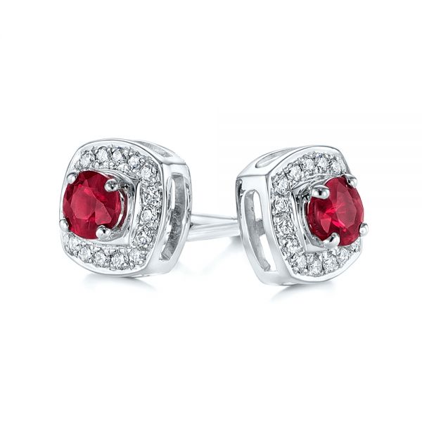 14k White Gold Diamond Halo And Ruby Earrings - Front View -  104016