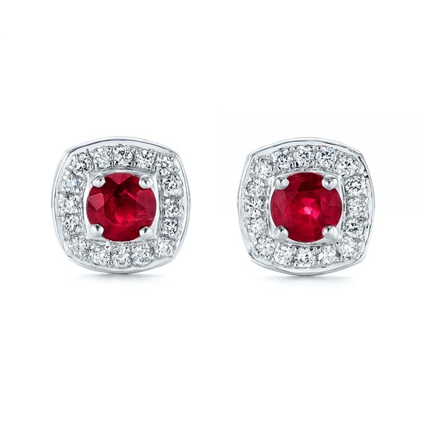 14k White Gold Diamond Halo And Ruby Earrings - Three-Quarter View -  104016