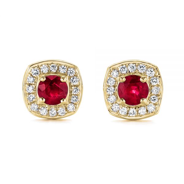 18k Yellow Gold 18k Yellow Gold Diamond Halo And Ruby Earrings - Three-Quarter View -  104016