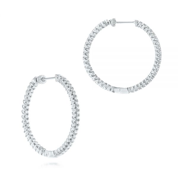14k White Gold Diamond Hoop Earrings - Front View -  103778