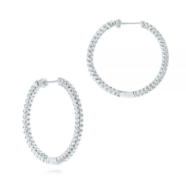14k White Gold Diamond Hoop Earrings - Front View - 103778