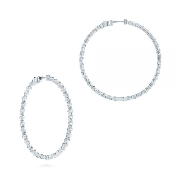 14k White Gold Diamond Hoop Earrings - Front View - 103779