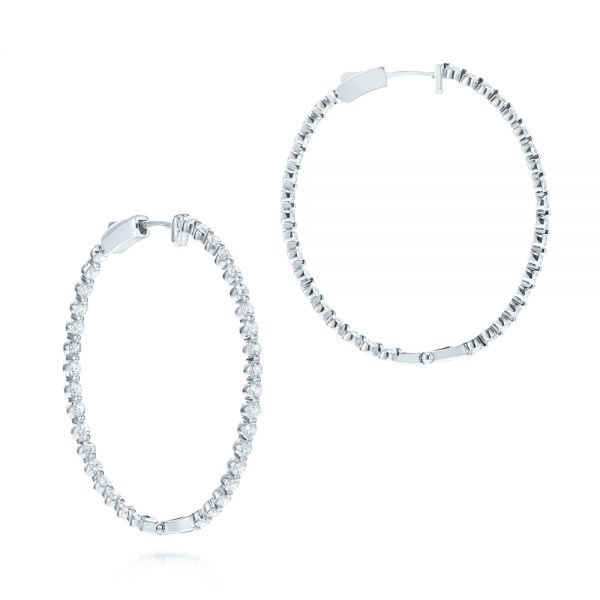 14k White Gold Diamond Hoop Earrings - Front View - 103781