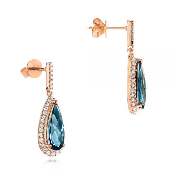 14k Rose Gold Diamond And London Blue Topaz Dangle Earrings - Front View - 103174