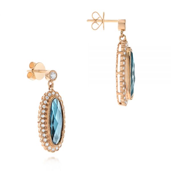 14k Rose Gold Diamond And London Blue Topaz Dangle Earrings - Front View -  103416