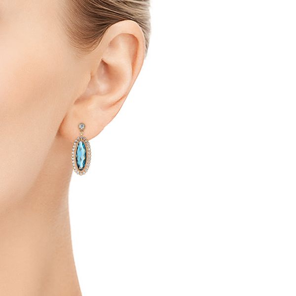 14k Rose Gold Diamond And London Blue Topaz Dangle Earrings - Hand View -  103416