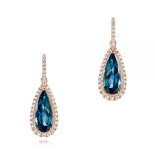 14k Rose Gold Diamond And London Blue Topaz Dangle Earrings - Three-Quarter View -  103174