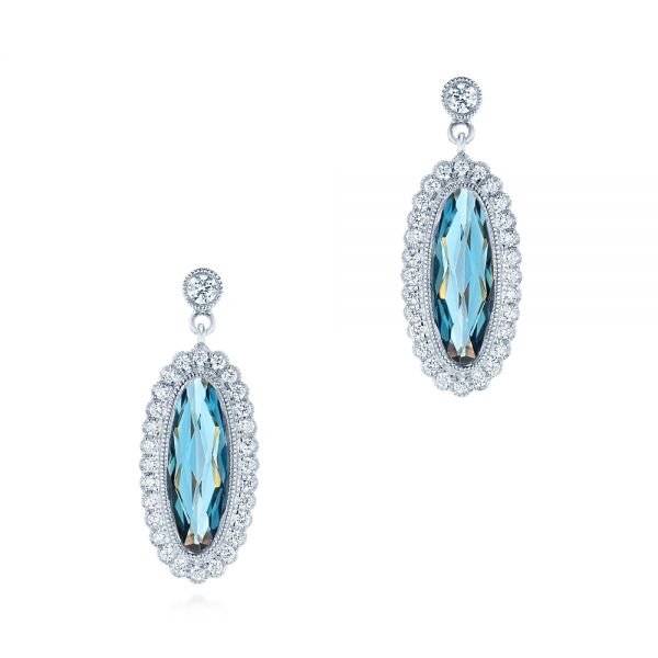18k White Gold 18k White Gold Diamond And London Blue Topaz Dangle Earrings - Three-Quarter View -  103416