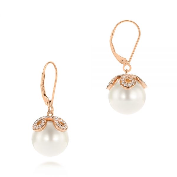 14k Rose Gold Diamond And White Pearl Earrings - Front View - 103424