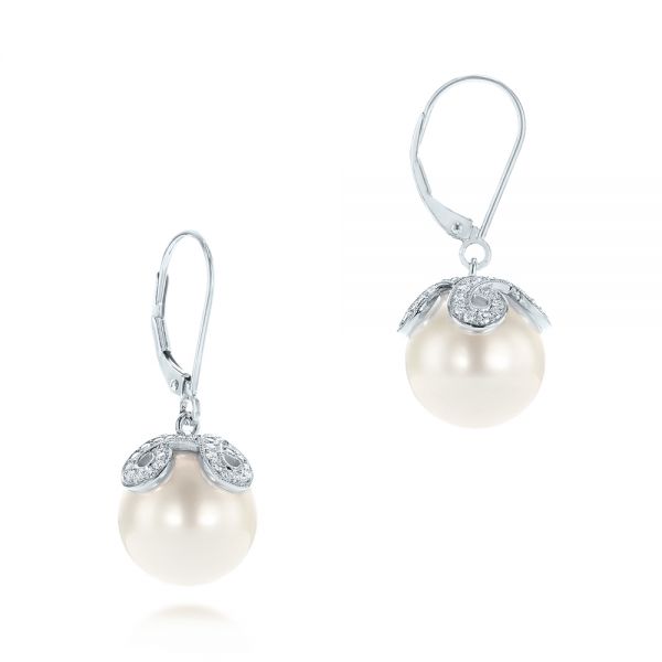 14k White Gold 14k White Gold Diamond And White Pearl Earrings - Front View -  103424