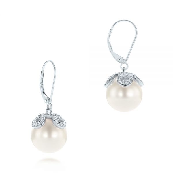 14k White Gold 14k White Gold Diamond And White Pearl Earrings - Front View - 103424