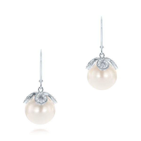 14k White Gold 14k White Gold Diamond And White Pearl Earrings - Three-Quarter View -  103424