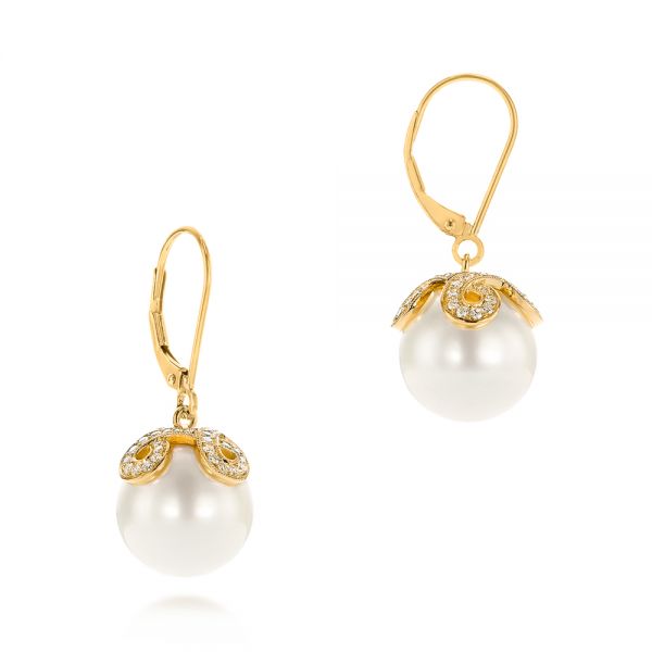 14k Yellow Gold 14k Yellow Gold Diamond And White Pearl Earrings - Front View -  103424