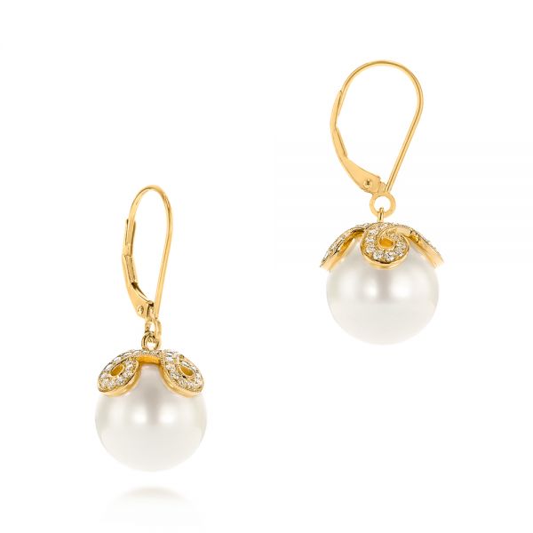 14k Yellow Gold 14k Yellow Gold Diamond And White Pearl Earrings - Front View - 103424