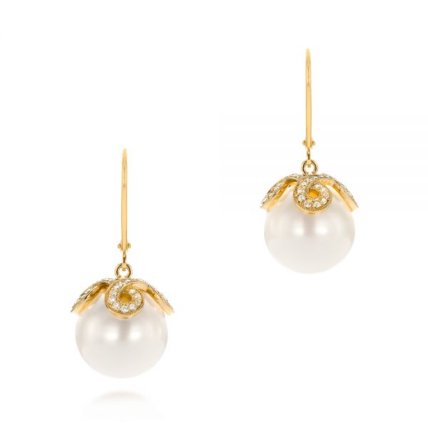 14k Yellow Gold 14k Yellow Gold Diamond And White Pearl Earrings - Three-Quarter View -  103424