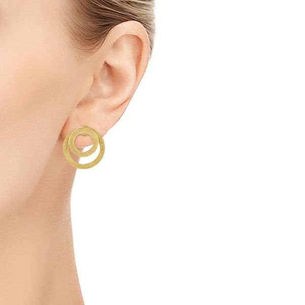 18k Yellow Gold Double Hoop Brushed Orbit Earrings - Hand View -  105808
