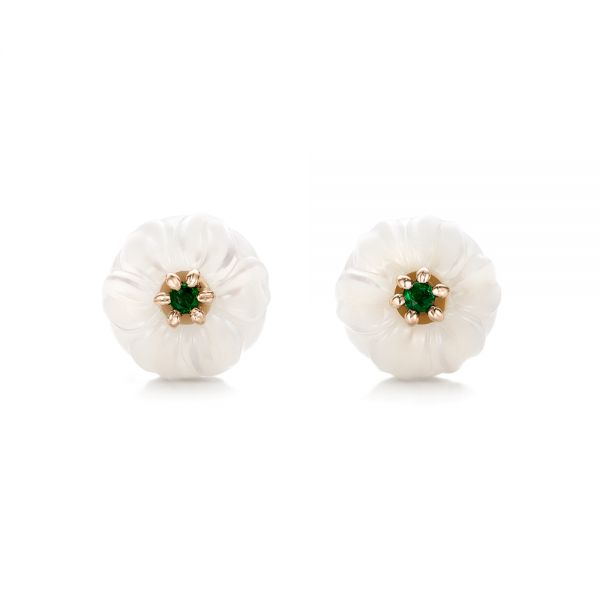 18k Rose Gold 18k Rose Gold Emerald Lily Fresh Water Carved Pearl Earrings - Three-Quarter View -  101970