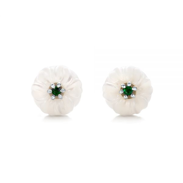  Platinum Platinum Emerald Lily Fresh Water Carved Pearl Earrings - Three-Quarter View -  101970