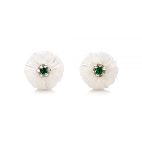 18k White Gold 18k White Gold Emerald Lily Fresh Water Carved Pearl Earrings - Three-Quarter View -  101970