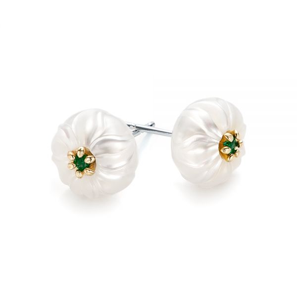 14k Yellow Gold Emerald Lily Fresh Water Carved Pearl Earrings - Front View - 101970