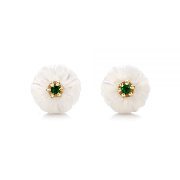 14k Yellow Gold Emerald Lily Fresh Water Carved Pearl Earrings - Three-Quarter View -  101970