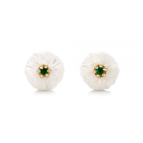 18k Yellow Gold 18k Yellow Gold Emerald Lily Fresh Water Carved Pearl Earrings - Three-Quarter View -  101970