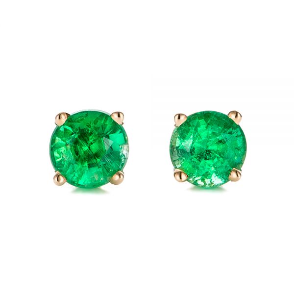 14k Yellow Gold Emerald Stud Earrings - Three-Quarter View -  100952
