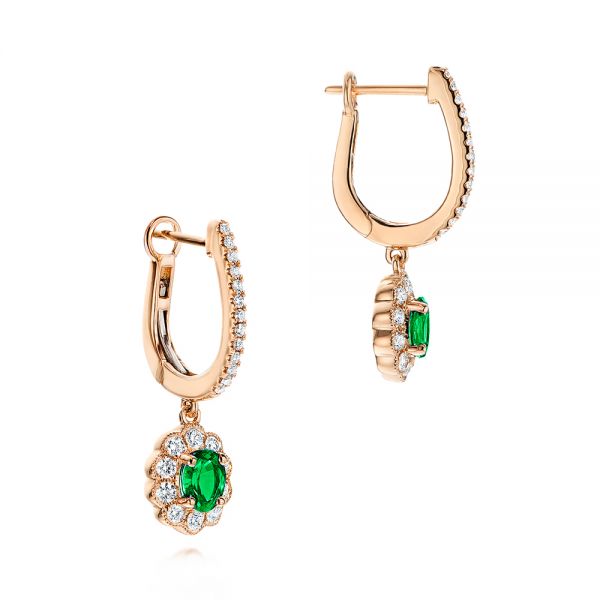 14k Rose Gold 14k Rose Gold Emerald And Diamond Earrings - Front View -  106837