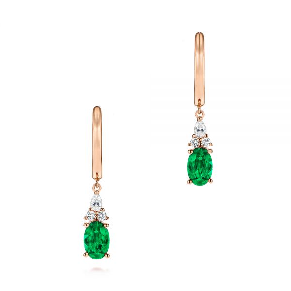 14k Rose Gold 14k Rose Gold Emerald And Diamond Earrings - Three-Quarter View - 106060