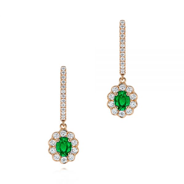 14k Rose Gold 14k Rose Gold Emerald And Diamond Earrings - Three-Quarter View -  106837