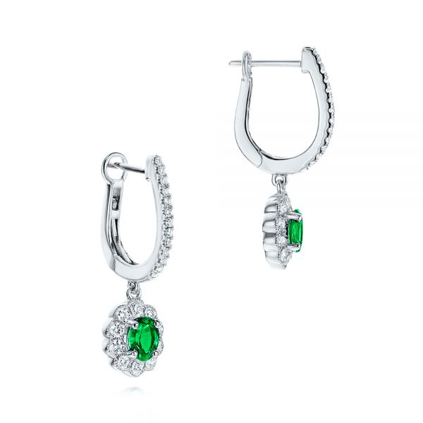 14k White Gold 14k White Gold Emerald And Diamond Earrings - Front View -  106837