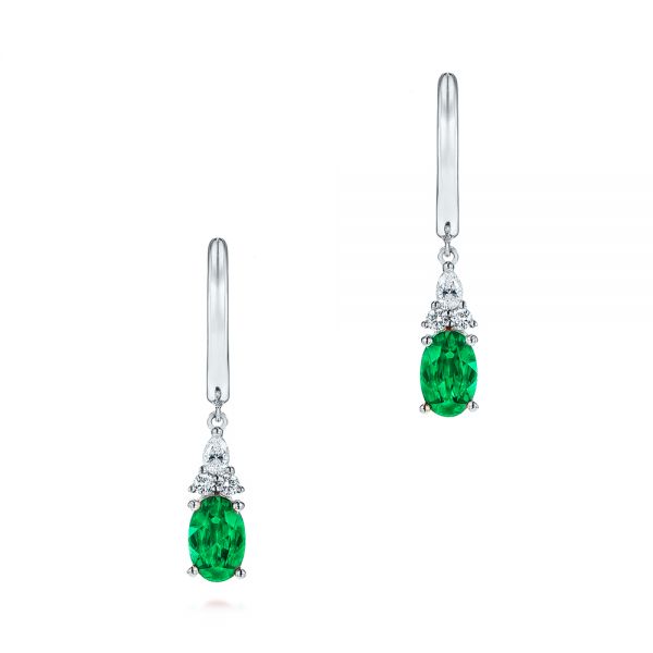 14k White Gold 14k White Gold Emerald And Diamond Earrings - Three-Quarter View -  106060