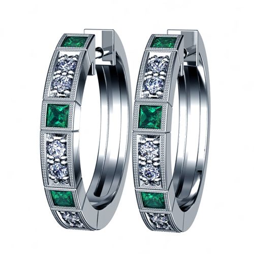  14K Gold Emerald And Diamond Earrings - Three-Quarter View -  916