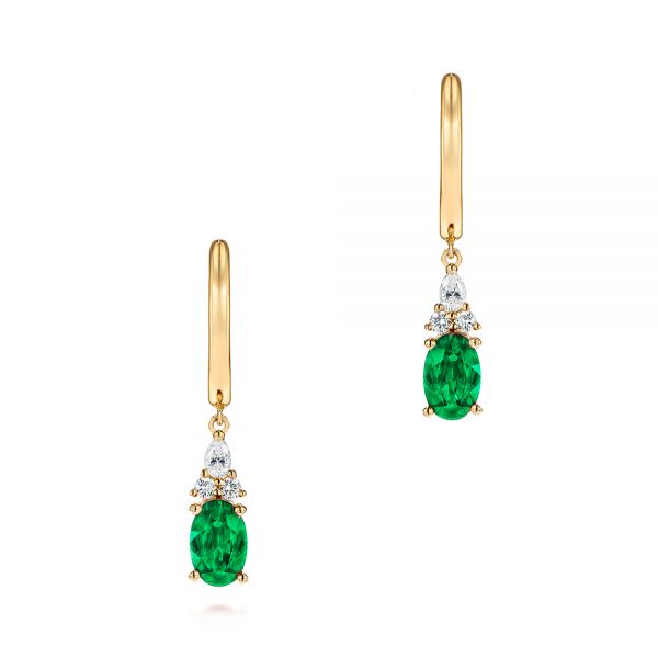 14k Yellow Gold Emerald And Diamond Earrings - Three-Quarter View -  106060