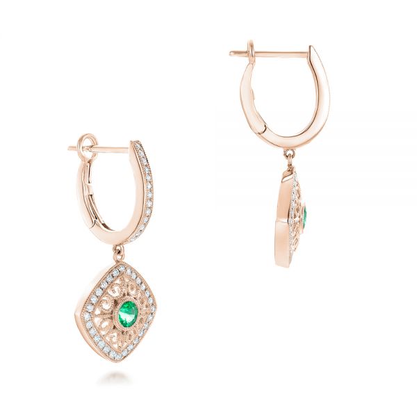 14k Rose Gold 14k Rose Gold Emerald And Diamond Filigree Earrings - Front View -  102671
