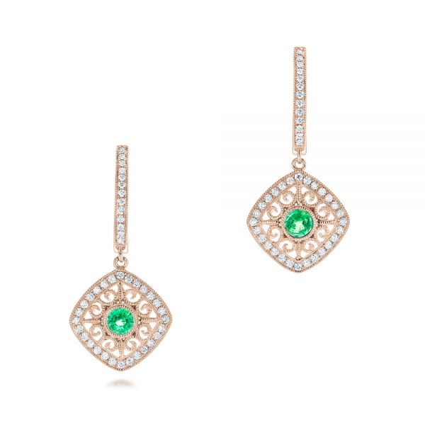 14k Rose Gold 14k Rose Gold Emerald And Diamond Filigree Earrings - Three-Quarter View -  102671