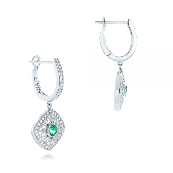 14k White Gold Emerald And Diamond Filigree Earrings - Front View - 102671