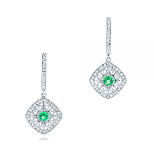  Platinum Platinum Emerald And Diamond Filigree Earrings - Three-Quarter View -  102671