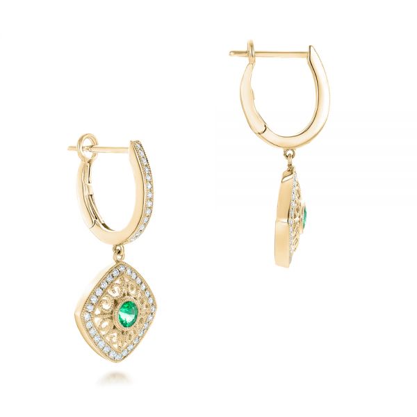 14k Yellow Gold 14k Yellow Gold Emerald And Diamond Filigree Earrings - Front View -  102671