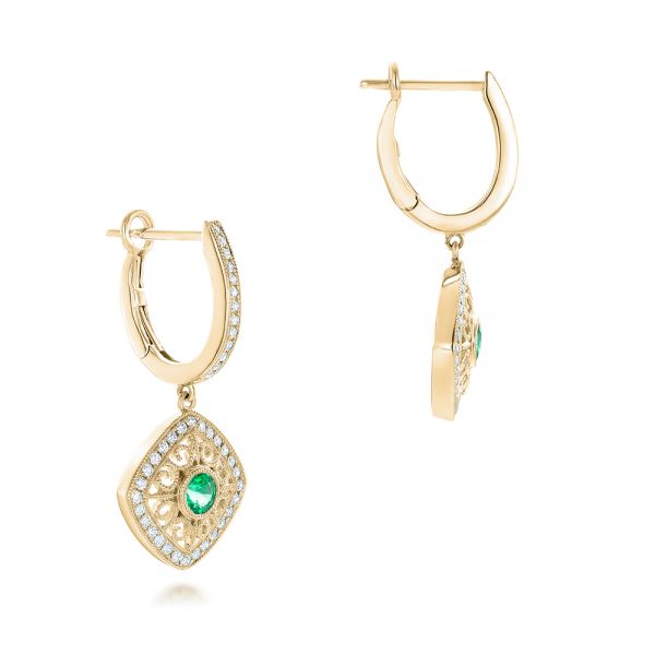 18k Yellow Gold 18k Yellow Gold Emerald And Diamond Filigree Earrings - Front View - 102671