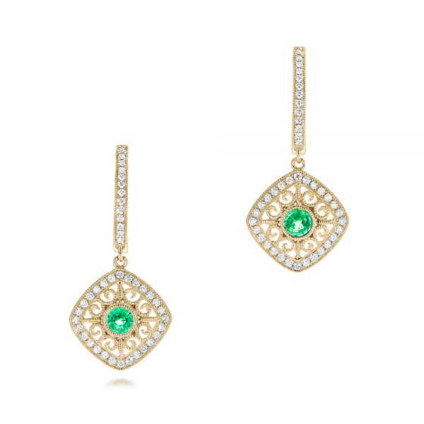 18k Yellow Gold 18k Yellow Gold Emerald And Diamond Filigree Earrings - Three-Quarter View -  102671