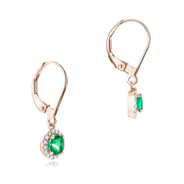 14k Rose Gold 14k Rose Gold Emerald And Diamond Halo Earrings - Front View - 102722