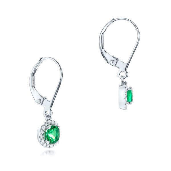 14k White Gold Emerald And Diamond Halo Earrings - Front View - 102722