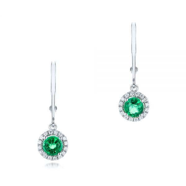 14k White Gold Emerald And Diamond Halo Earrings - Three-Quarter View -  102722