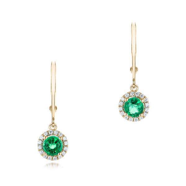 14k Yellow Gold 14k Yellow Gold Emerald And Diamond Halo Earrings - Three-Quarter View -  102722