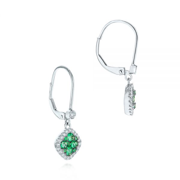14k White Gold Emerald And Diamond Leverback Earrings - Front View -  106010