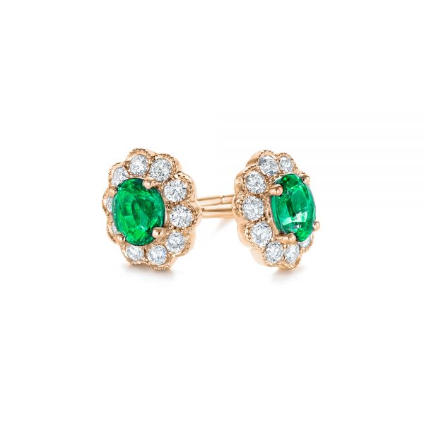 14k Rose Gold 14k Rose Gold Emerald And Diamond Stud Earrings - Front View -  106843
