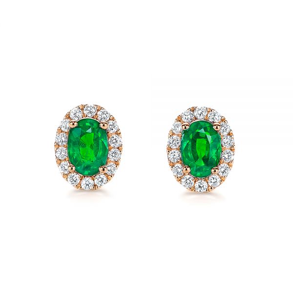 14k Rose Gold 14k Rose Gold Emerald And Diamond Stud Earrings - Three-Quarter View -  106840