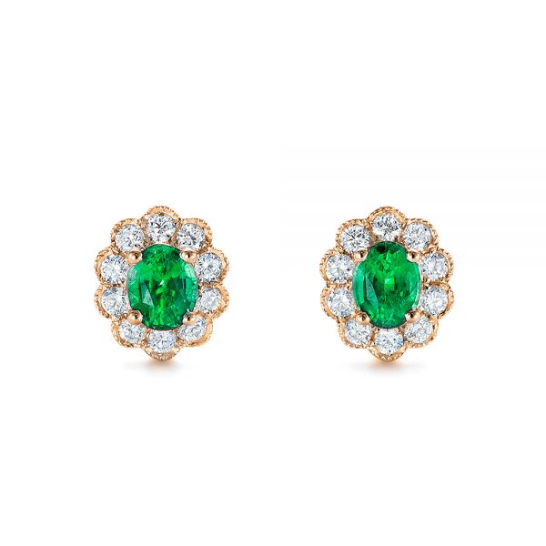 18k Rose Gold 18k Rose Gold Emerald And Diamond Stud Earrings - Three-Quarter View -  106843