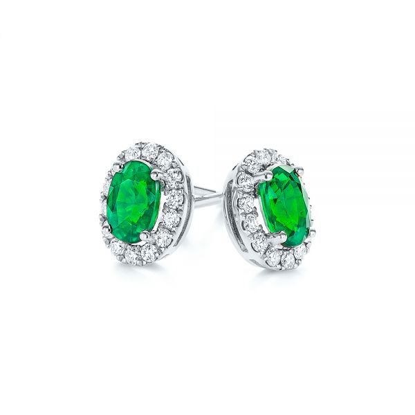 18k White Gold 18k White Gold Emerald And Diamond Stud Earrings - Front View -  106840